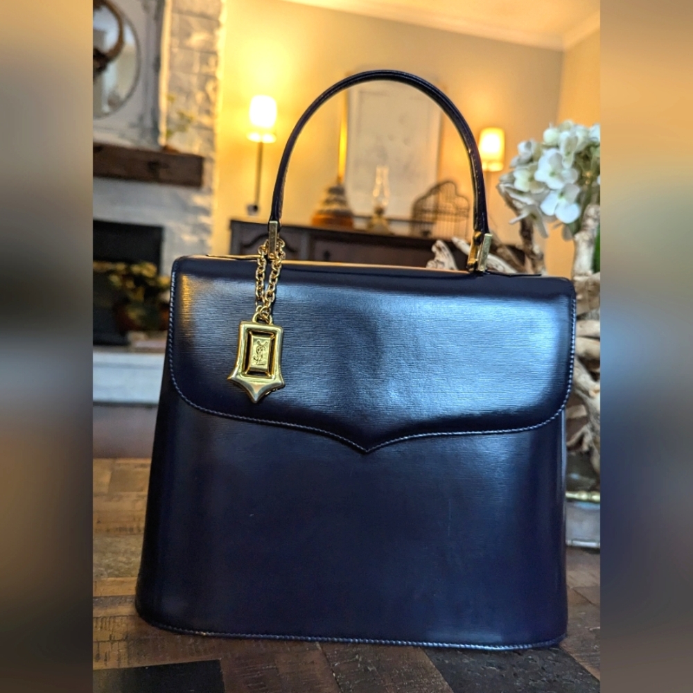 Yves Saint Laurent Blue Leather Satchel with Gold Hardware